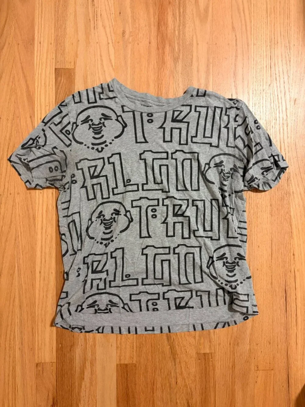 True Religion Gray All Over Print T-Shirt Buddha Block Graphic Logo L Large